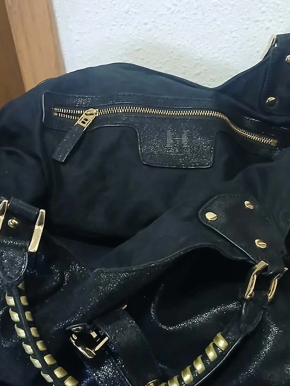 Halston Heritage Black Shimmer Leather Slouchy Hobo Bag - Gold Hardware